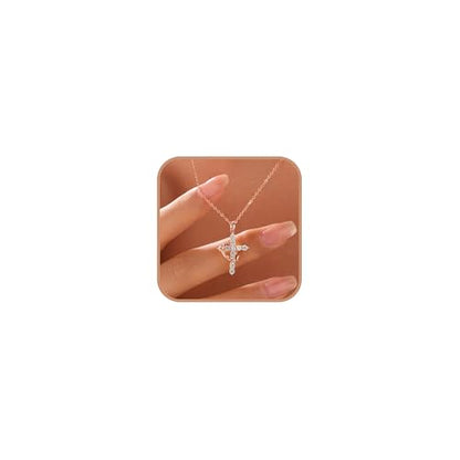925 Sterling Silver Cross With Crown Necklace for Women 16+2 Inch - color: Rose Gold
