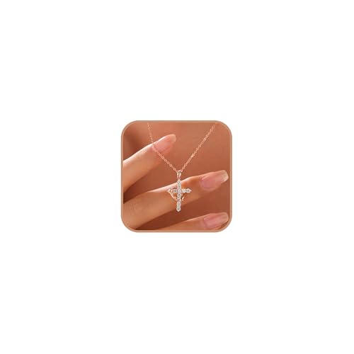 925 Sterling Silver Cross With Crown Necklace for Women 16+2 Inch - color: Rose Gold