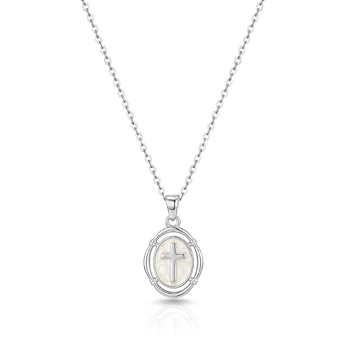 Bheop Cross Necklace for Women, 14K Gold Silver Enamel Pendant Necklace - color: Silver
