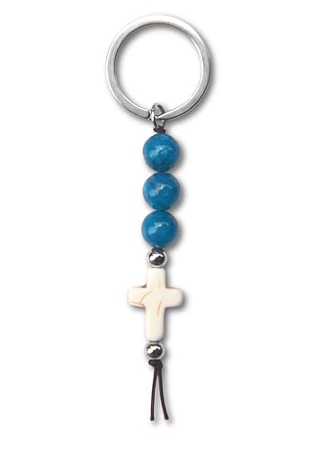 Christian Cross Keychain - Natural Stone Beaded Faith Gift for Baptism, Confirmation or Christmas - color: Ocean Blue
