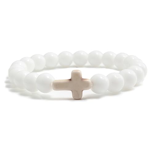 FORUBUS Lava Rock Stone Beaded Bracelet, Cross Charm Natural Volcanic Stone beads Turquoise Stretch Bracelet for Women Men Religion Jewelry Pray Baptism Gift - color: B 1pcs white ceramic
