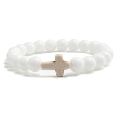 FORUBUS Lava Rock Stone Beaded Bracelet, Cross Charm Natural Volcanic Stone beads Turquoise Stretch Bracelet for Women Men Religion Jewelry Pray Baptism Gift - color: B 1pcs white ceramic
