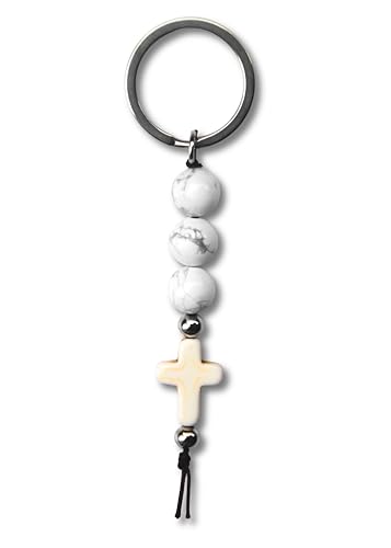 Christian Cross Keychain - Natural Stone Beaded Faith Gift for Baptism, Confirmation or Christmas - color: White