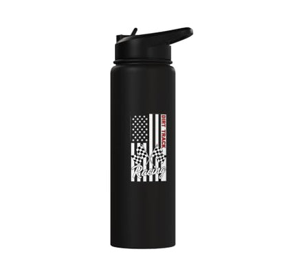 Car Dirt Track Racing Checkered Flag American Flag Racing Stainless Steel Insulated Water Bottle - color: Black
