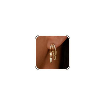 Dangle Earrings for Women Trendy Triple Huggie Hoop Stud Earring - color: C. Spiked Chain