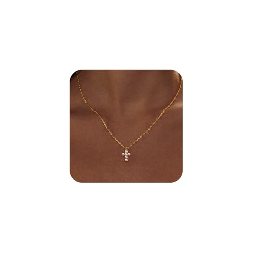 LULII Cross Necklace for Women Dainty 14K Gold Silver Plated Small Cross Pendant Choker Simple Cute Cross Gold Necklace for Women Trendy Faith Jewelry Gift - color: Pearl Cross-Gold