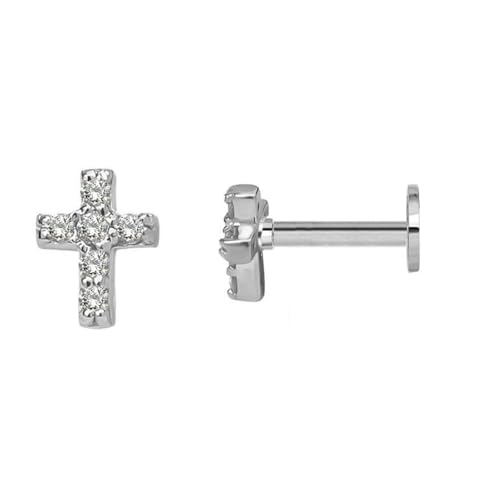 16g Tiny Cross Hypoallergenic 925 Sterling Silver Stud Earrings for Women With Flat Screw Back Small Cubic Zirconia Cartilage Pierced Earrings for Tragus Helix Conch Cartilage Jewelry Gifts - color: Silver