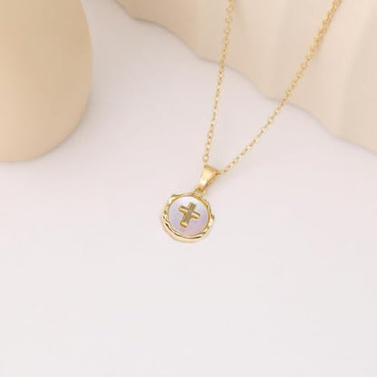 Gold Enamel Mini Cross Necklace Tiny Mother of Pearl Cross Necklace Religious Christian Gift for Baptism First Communion Christmas - color: small mother of pearl cross (10mm)-gold