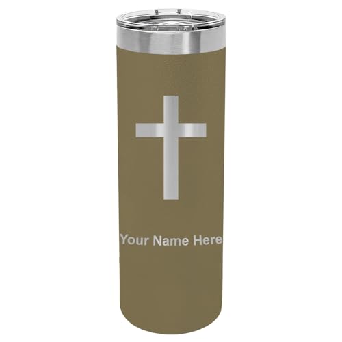 LaserGram Personalized 22oz Skinny Tumbler, Christian Cross (Camo Green) - color: Camo Green