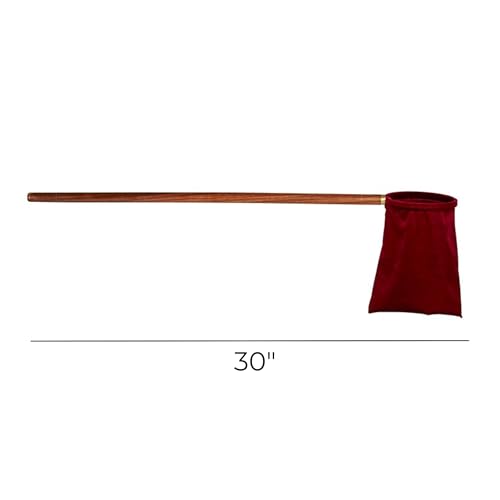 Needzo Velvet Offering Bag with Brass and Wood Handle, Church Service Supplies, 5-3/4" Dia x 11-1/4" H, 30" Long