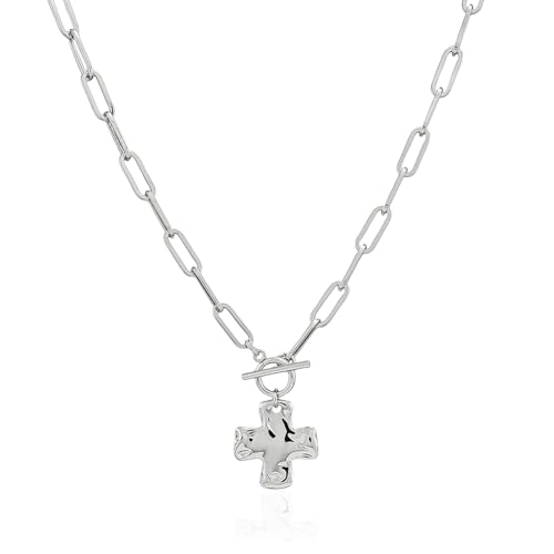 Bheop Chunky Cross Necklace for Women, 14K Gold Silver Statement Necklace - color: SL-Toggle Necklace（1 inch Pendant)