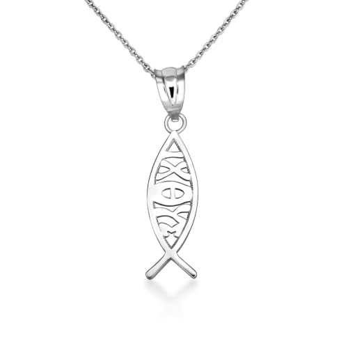 Claddagh Gold 925 Sterling Silver Ichthus Ichthys Christian Vertical Fish Pendant Necklace | Choice of Pendant Only or Necklace Length - size: Pendant with 22" chain
