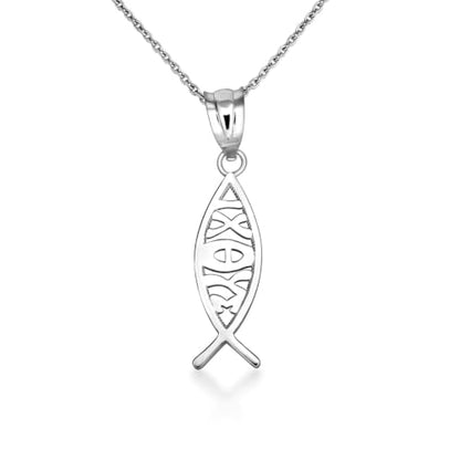 Claddagh Gold 925 Sterling Silver Ichthus Ichthys Christian Vertical Fish Pendant Necklace | Choice of Pendant Only or Necklace Length - size: Pendant with 22" chain