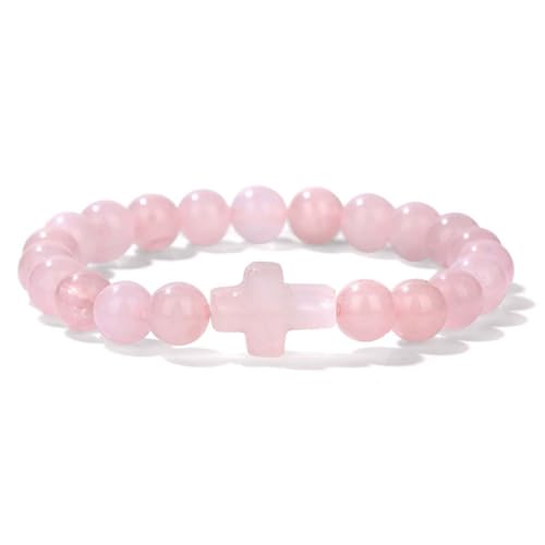 8mm Gemstone Cross Bracelet for Women Men – Stretch Beaded Faith Bracelet with Sideways Cross (Multiple Colors) - style: Rose Quartz