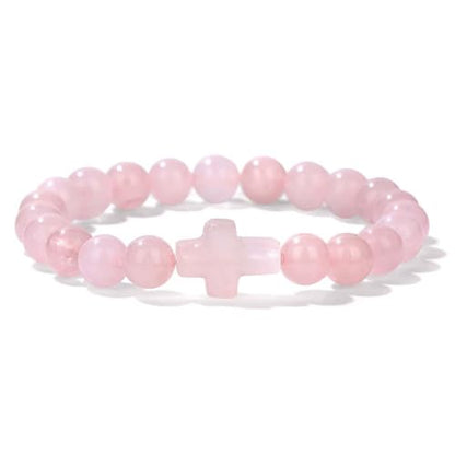 8mm Gemstone Cross Bracelet for Women Men – Stretch Beaded Faith Bracelet with Sideways Cross (Multiple Colors) - style: Rose Quartz