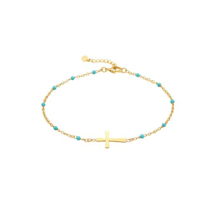 18K Gold Plated Pearl Beaded Cross Bracelets for Women Adjustable - color: Green Cross-Gold