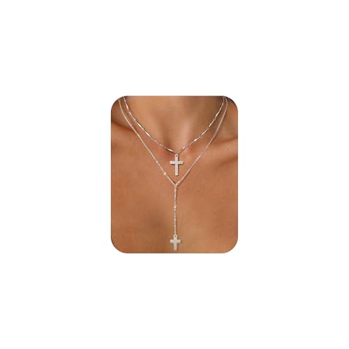 Sterling Silver 14K Gold Plated Dainty Layered Long Necklace for Women - color: Silver-Cross