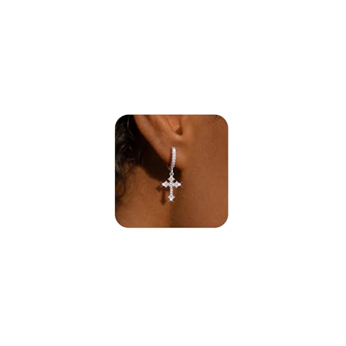 Gold Hoop Earrings For Women Men-Silver Dangle Drop Earrings,Hypoallergenic Huggie Hoop Earrings Trendy-Dainty Diamond Cubic Zirconia Cross Earrings,Simple Christmas Christian Easter Jewelry Gifts - style: Cross Dangle Hoop-Silver