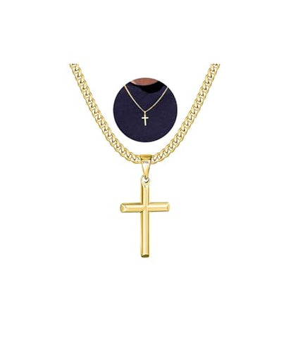 Avotto 316L Stainless Steel Cross Necklace Jewelry Gifts for Men Boys, Silver Gold Black Necklaces 5mm Non-Fading Sturdy Cuban Chain with Cross Pendant 14/16/18/20/22/24Inch - color: Gold, size: 22 inch(55cm)-Long Fit