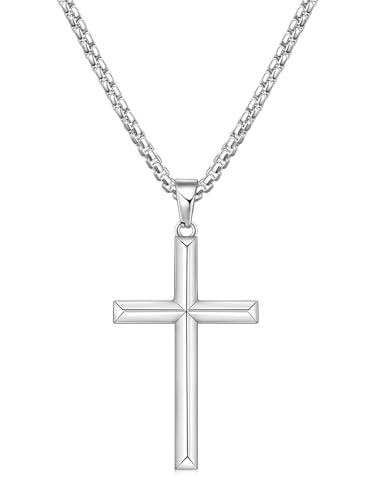 Fiusem Beveled Edge Cross Necklace for Men - size: 22 inches length, style: Silver cross: 1.6"*1.0"