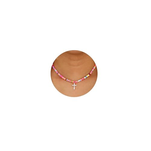 Colorful Beaded Cross Necklace for Girls Women, 14K Gold Plated Pendant Baptism Birthday Christian Religious Confirmation Trendy Stuff Gift 16+3 Inches - color: Silver, style: Soft Bead