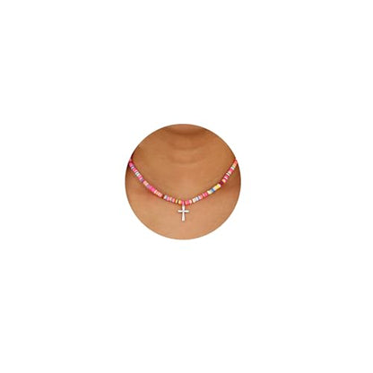 Colorful Beaded Cross Necklace for Girls Women, 14K Gold Plated Pendant Baptism Birthday Christian Religious Confirmation Trendy Stuff Gift 16+3 Inches - color: Silver, style: Soft Bead
