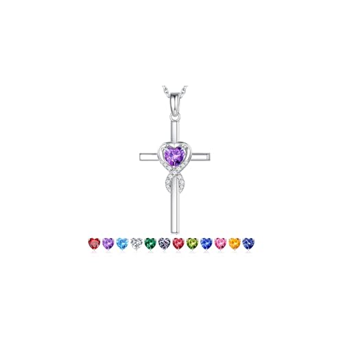 Iefil Cross Necklace for Women - Birthstone Necklace - color: "02-Feb-Created Amethyst