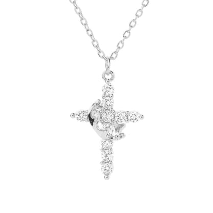 Upgraded Crown Cross Necklace for Women, CZ Pendant 18+2 - color: silver
