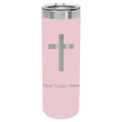 LaserGram Personalized 22oz Skinny Tumbler, Christian Cross (Pink) - color: Pink