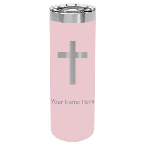 LaserGram Personalized 22oz Skinny Tumbler, Christian Cross (Pink) - color: Pink