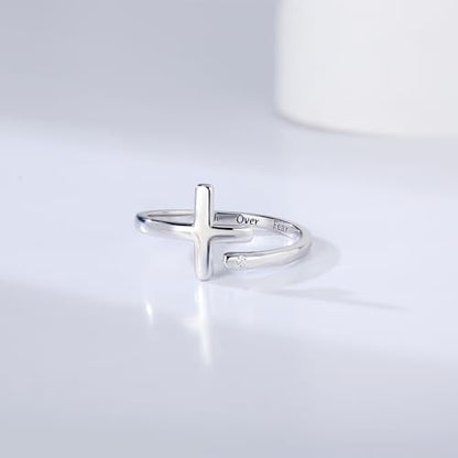Sterling Silver Cross Rings for Women - Faith Inspirational Adjustable Rings Jewelry Gifts for Christian - style: Faith Over Fear