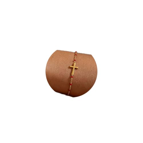 18K Gold Plated Pearl Beaded Cross Bracelets for Women Adjustable - color: Red Cross-Gold
