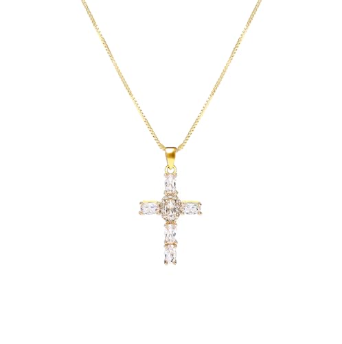 Gold Cross Necklace for Women, 14K Gold Plated - style: big white zircon