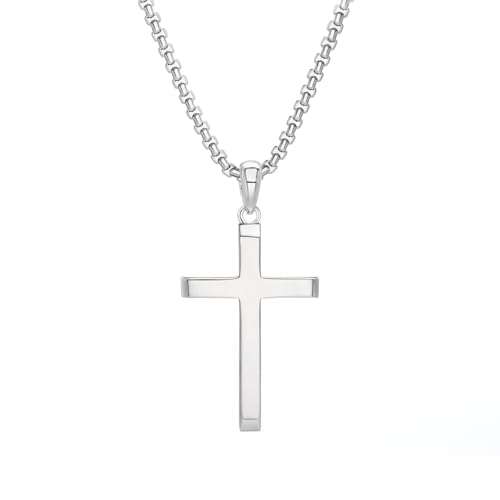 Small Dainty Cross Pendant Necklace 925 Sterling Silver for Women with 18", 20" Sturdy Chain 14K White Gold Plated - size: 18" Chain, style: Cuboid