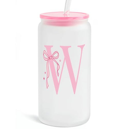 SANDJEST Monogrammed Glass Drinking Can Cup with Acrylic Lid and Straw, Personalized Frosted Iced Coffee Tumbler 16oz, Monogram Initial Gifts for Women Girls on Birthday (W) - color: W