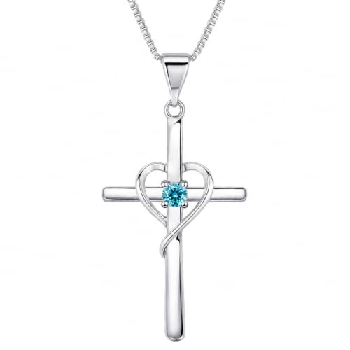 Cross Heart Necklace, 18K Gold Plated Crystal Pendant for Women - color: White-Light Turquoise