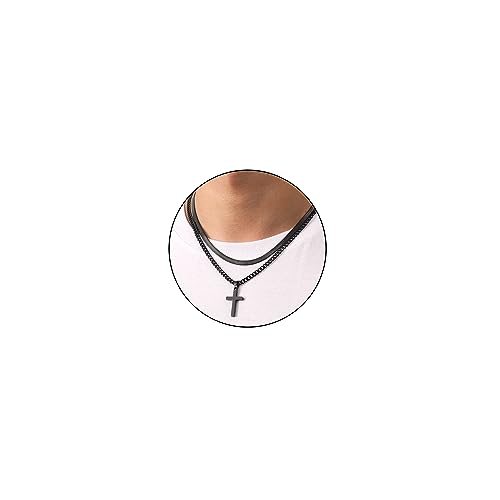 Zocomi Cross Necklace for Men Boys, Stainless Steel Layered Cuban Link Herringbone Chain Cross Pendant Christian Fashion Jewelry Gifts 16-24 Inches - color: Black, size: 16inch/18inch, style: Herringbone+Cuban