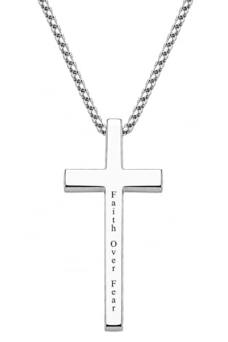 Engraved Cross Necklace for Men, Women & Boys & Girls Cross Necklace, Stainless Steel Cross Pendant Necklace, Faith & Inspiration Christian Jewelry Gift - color: Faith Over Fear