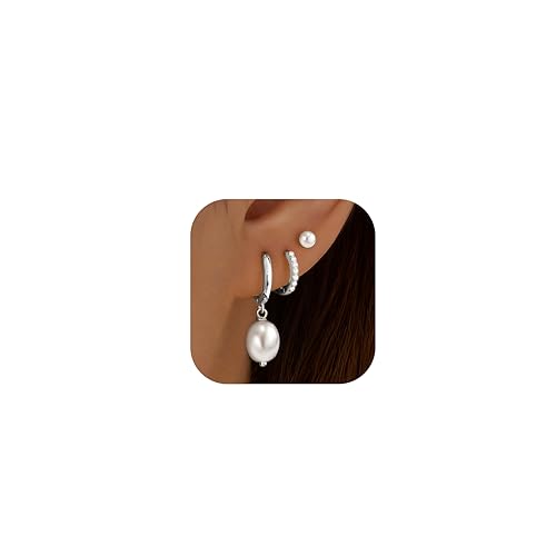 14K Gold Planted Seashell Starfish Stud dangle Earrings for Women, Summer Beach Hoop Earrings for Multiple Piercing Cartilage, Dainty Trendy Dangling Earring 3 Pairs Set Vacation Ocean Outfits Accessories Jewelry - color: Pearl-Silver