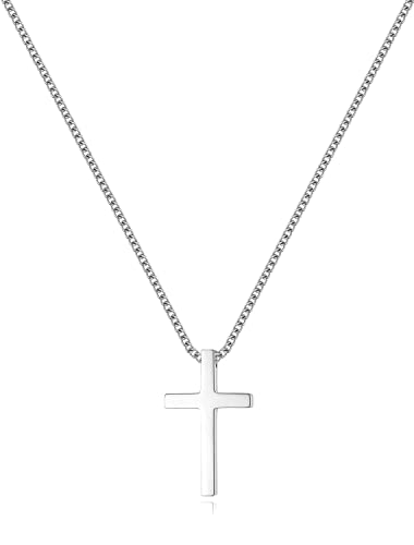 REVEMCN Christian Black Gold Silver Cross Necklace for Boys & Men, 16-22" - color: Silver - 0.8'' × 0.5'' cross pendant, size: 16 inches