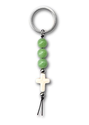 Christian Cross Keychain - Natural Stone Beaded Faith Gift for Baptism, Confirmation or Christmas - color: Lime Green
