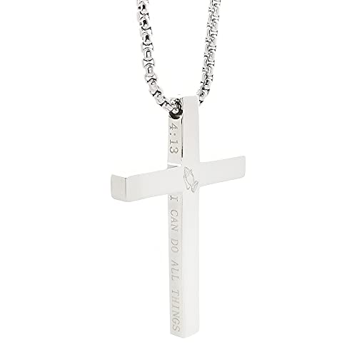 Cross Necklace Stainless Steel Necklace Religious Bible Verse Pendant Crucifix Necklace Faith Jewelry with 22' Chain - style: I can do all things -silver