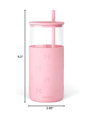 SANDJEST Glass Tumbler with Straw and Lid, Glass Water Bottle with Silicone Sleeve 20oz with Bow, Smoothie, Iced Coffee Cup, Bow Gifts for Women Teen Girls Birthday Christmas - color: Bow 3