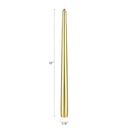 Mega Candles 12 pcs Unscented Gold Taper Candles, Hand Poured Wax Candle 12 Inch x 7/8 Inch, Home Décor, Wedding Receptions, Centerpieces, Occasions, Events, Romantic Dinners, Prayer, Holders - color: Gold