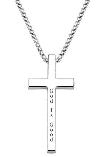Engraved Cross Necklace for Men, Women & Boys & Girls Cross Necklace, Stainless Steel Cross Pendant Necklace, Faith & Inspiration Christian Jewelry Gift - color: God Is Good