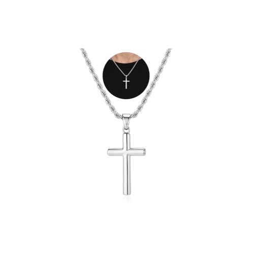925 Sterling Silver Cross Necklaces for Mens Women CZ Beveled Edge - color: Classic Medium silver cross