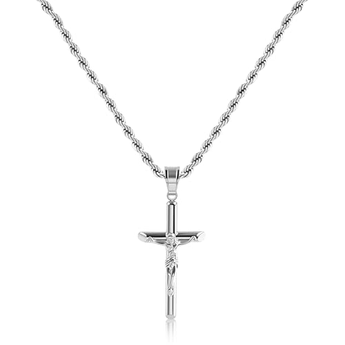 ALEXCRAFT Sterling Silver Plated Cross Necklace for Men Gold Plated Cross Necklaces for Women Trendy Stainless Steel Crucifix Pendant with 3mm 21inch Rope Chain - color: Silver-19.6in