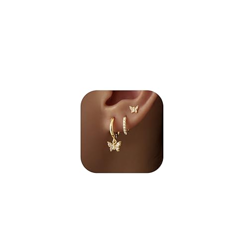 14K Gold Planted Seashell Starfish Stud dangle Earrings for Women, Summer Beach Hoop Earrings for Multiple Piercing Cartilage, Dainty Trendy Dangling Earring 3 Pairs Set Vacation Ocean Outfits Accessories Jewelry - color: Butterfly-Gold