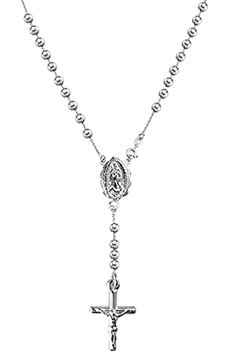 Savlano 925 Sterling Silver Italian Solid Bead Chain Cross & Rosary Virgin Mary Pendant Y Necklace Comes With Gift Box for Women - Made in Italy - style: 5MM