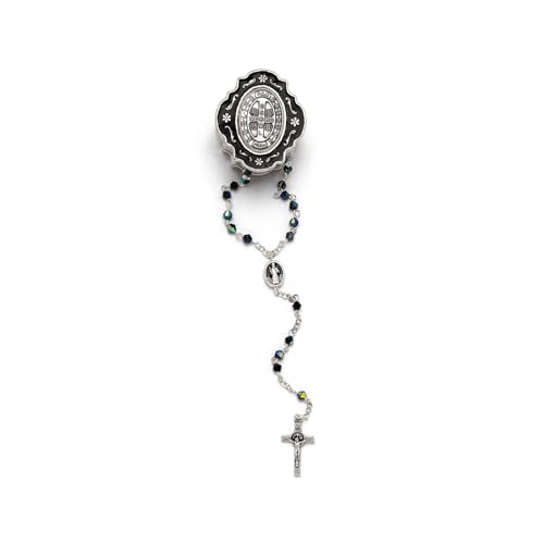 Catholic Silver Linked Rosary Set – 3mm Beads, 14.25" Length, Metal Keepsake Gift Box with Enamel Inlay – Perfect First Communion Gift (Saint Benedict) - color: Saint Benedict